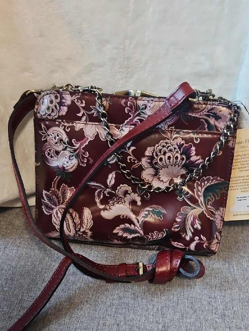 Patricia Nash Burgundy Floral Chain Top Handle Or Crossbody Purse NWT